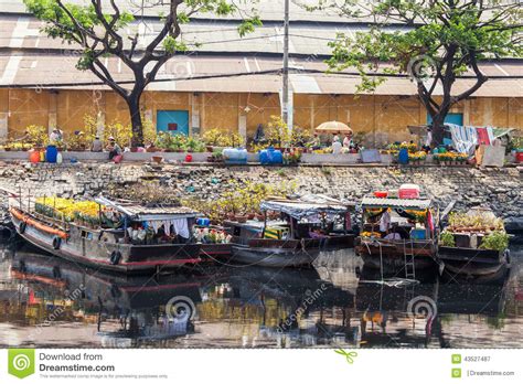 Flower Boats At Flowers Market On Binh Wharf At Saigon