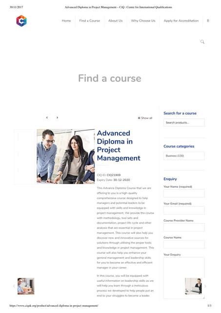 Advanced Diploma In Project Management Centre For International Qualifications Ciq Pdf