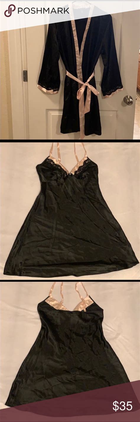 Jones New York Black Satin Robe And Nightgown Black And Pink Robe And