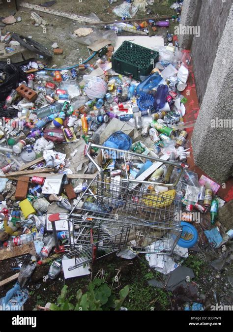 Litter And Shopping Trolley Dumped In Back Alley Stock Photo Alamy