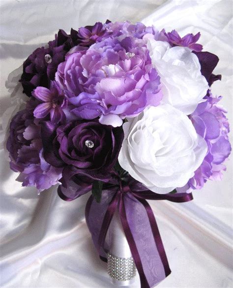 wedding bouquet bridal silk flowers decoration plum purple lavender lilac white 17 piece package