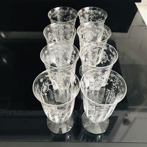 Vintage 8 Juice Glasses Fostoria Crystal Navarre Pattern Paneled And Etched With Short Ornate