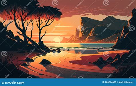 Calm Beach With Sunrise And Sunset Sky With Rocks On The Horizon Stock