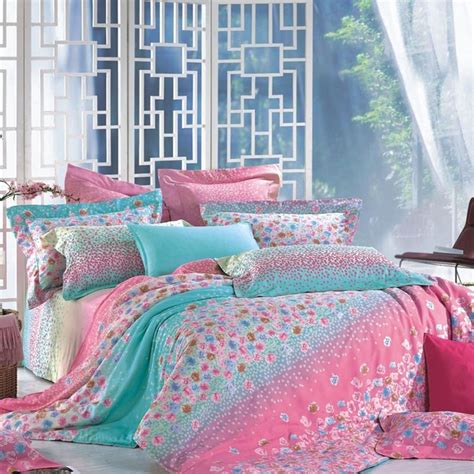 Blankets and linens are often the focal point of a bedroom. Turquoise and Pink Boutique Flower Print Pastel Style Cute ...