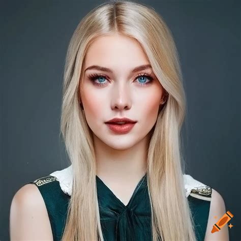 realistic portrait of a friendly smiling girl with pale blonde hair and light eyes on craiyon