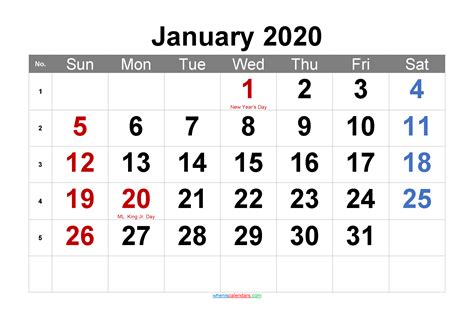 Printable January 2020 Calendar With Holidays