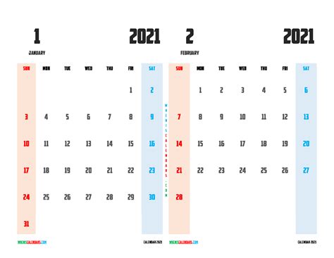 Printable January And February 2021 Calendar 12 Templates