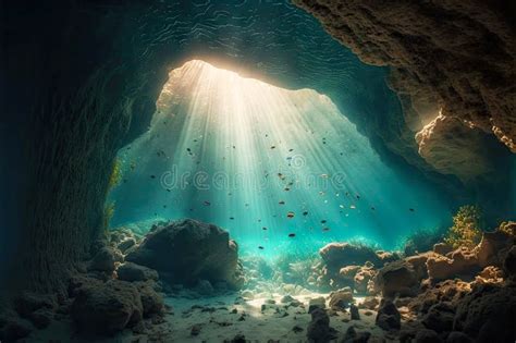 Deep Underwater Cave With Stones Under Rays Of Sun Stock Image Image