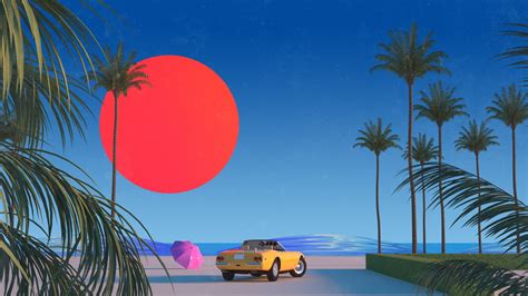 Yellow Car Pink Umbrella And Palm Trees Hd Vaporwave Wallpapers Hd