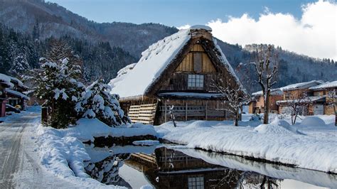 Snow Covered House With Reflection On Lake And Landscape Of Mountain Hd