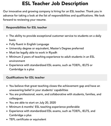 Esl Teacher Job Description Velvet Jobs