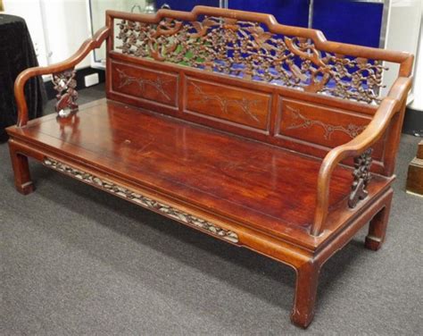 Chinese Rosewood Carved Back Bench With Side Arms Furniture Oriental
