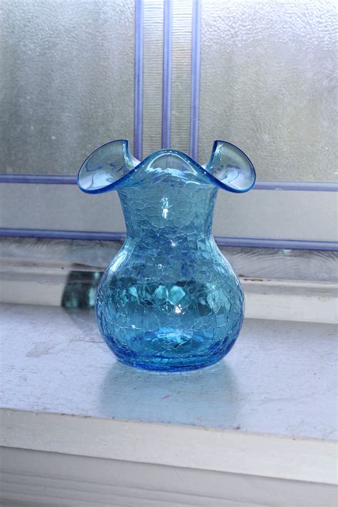 Vintage Mid Century Blue Crackle Glass Vase