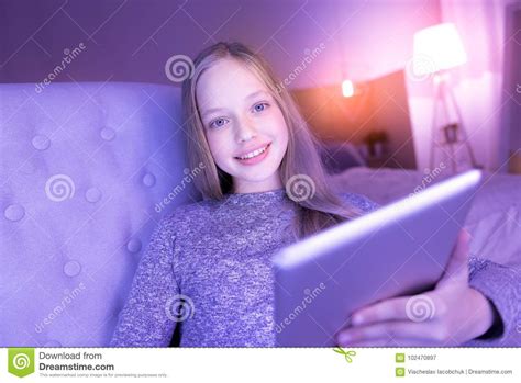 Vigorous Smiling Girl Using Her Tablet Stock Image Image Of Girl