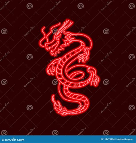 Vector Neon Oriental Dragon Red Glowing Lines Sign Template Stock