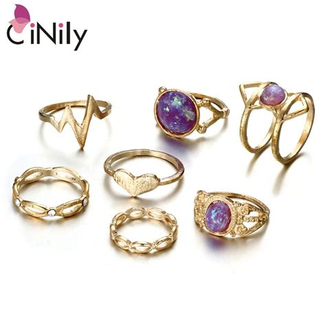 Cinily Created Purple Opal Bohemian Geometric Pattern Vintage Rings 7pcs Set Yellow Gold Color