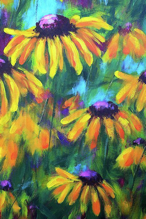 Bright Yellow Coneflowers Dancing In The Wind Acrylic Painting Of A