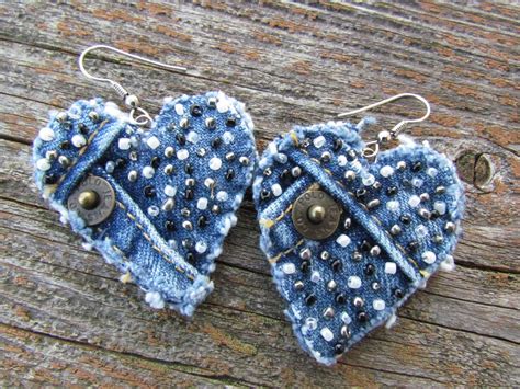 Earring Heart Shaped Recycled Polo Jeans Denim Hand Beaded