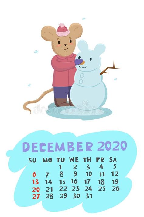 Calendário De Dezembro De 2020 Com Mouse Que Esculta Um Boneco De Neve