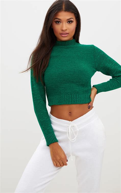 Emerald Green Ribbed Crop Knitted Sweater Prettylittlething Uae
