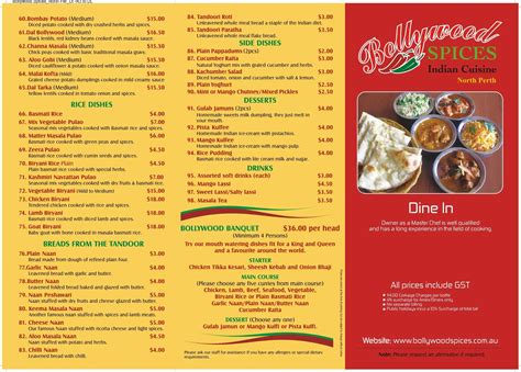 Menu At Bollywood Spices Indian Cuisine Restaurant North Perth 9299