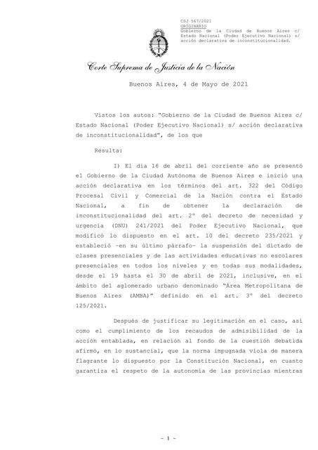 Gobierno de la Ciudad de Buenos Aires c Estado Naciona PEN s acción
