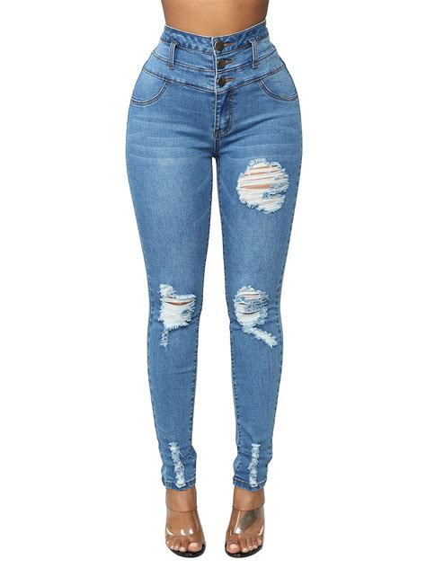 Blue Jeans Pancil Pants For Women High Waist Slim Hole Ripped Denim