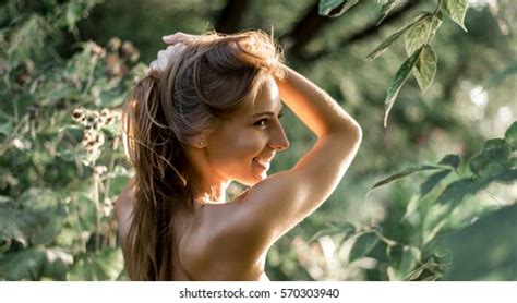 Beautiful Girl Standing Forest Park Topless Stock Photo