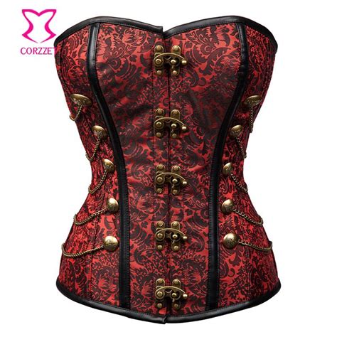 Red Chain Steel Boned Overbust Corset Sexy Burlesque Costumes Plus Size Corsets And Bustiers