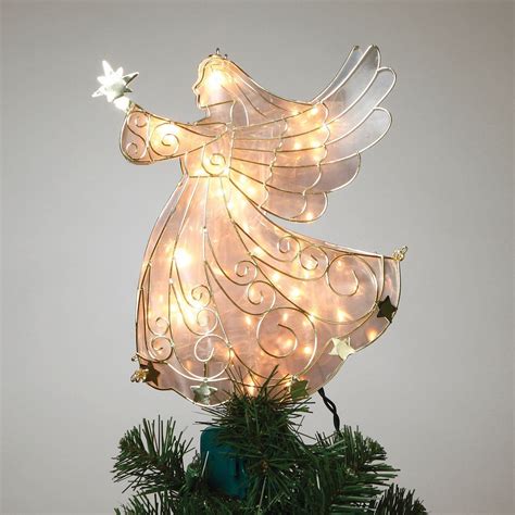 11 Inch Tall Stained Glass Look Gold Metal Lighted Angel Tree Topper