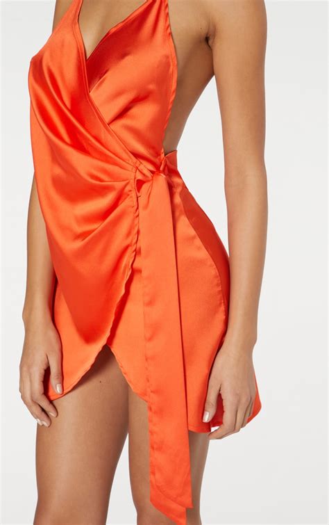Orange Satin Halterneck Wrap Bodycon Dress Prettylittlething Usa