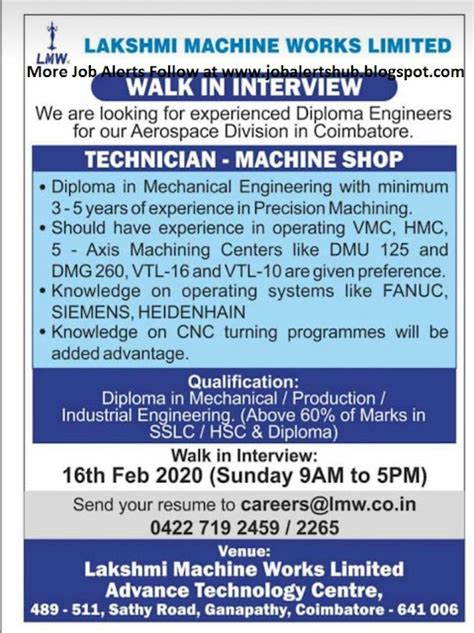 Walk In Interview For Technician On 16th Feb 2020 Lakshmi Machine