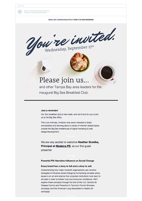 A formal invitation email should include the invitation purpose such as the details of your event, including the day, date, event time, place, and other essential information. 19 Event Invitation Email Template Examples (+19 Subject ...