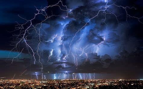 Storm Lightning City Night Nature