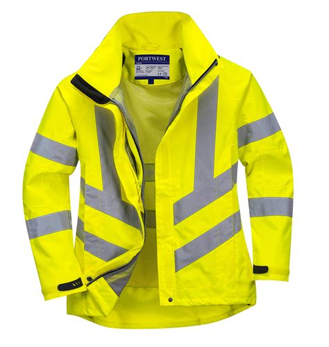 Portwest Womens Waterproof Hi Vis Safety Rain Jacket Whistle Workwear
