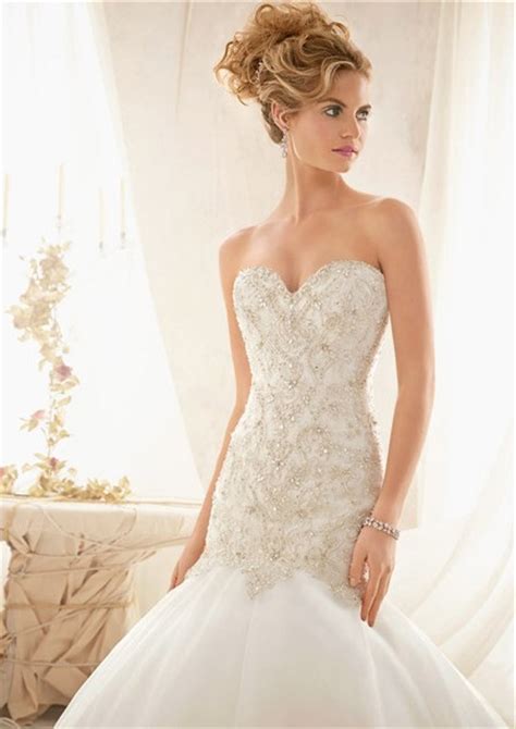 Fit And Flare Trumpet Sweetheart Crystal Beaded Organza Wedding Dress