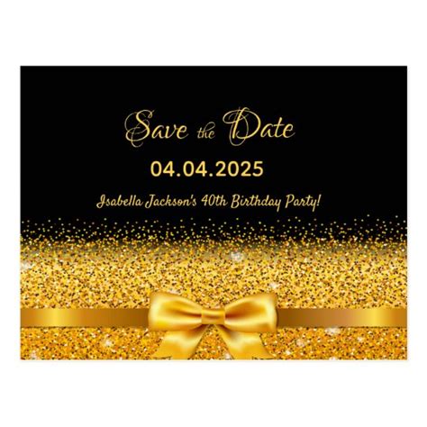 40th Birthday Party Black Gold Bow Save The Date Postcard