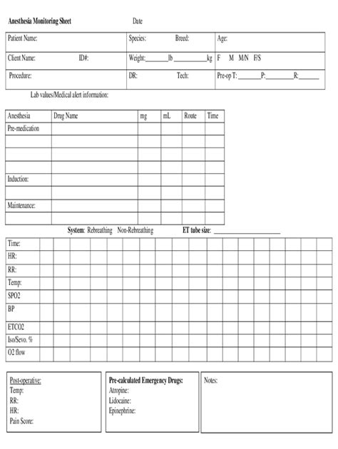 Fillable Online Veterinary Anesthesia Monitoring Sheet Pdf Fax Email