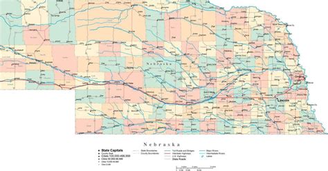 Nebraska Digital Vector Map With Counties Major Cities Roads Rivers
