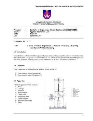 Dynamics Lab Sheet Physical Pendulum Experiment Pkp Universiti