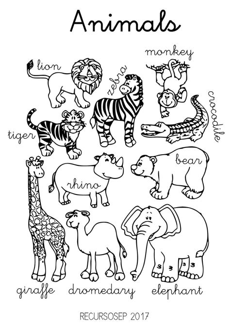 English – Animals worksheets | Animales salvajes para colorear