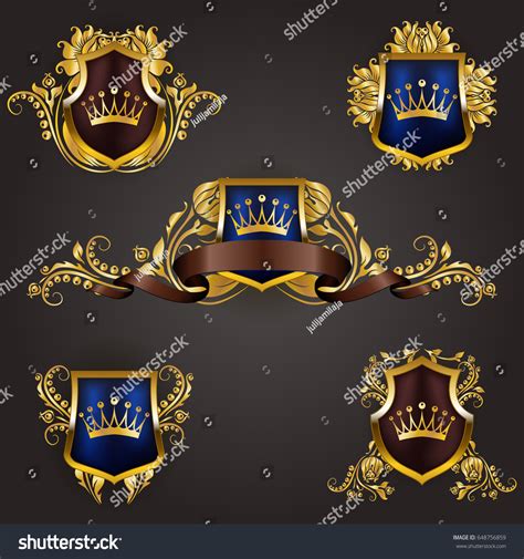 Set Golden Royal Shields Floral Elements Stock Vector Royalty Free