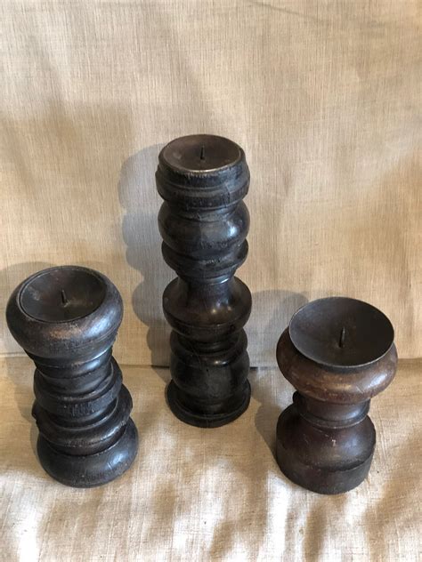 Vintage Indian Hand Carved Wood Candle Holder Candle Holder Set Of 3