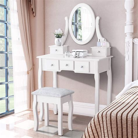 Mecor Vanity Table Oval Mirror Makeup Vanity Set Cushioned Stool Wood Dressing Table With 5