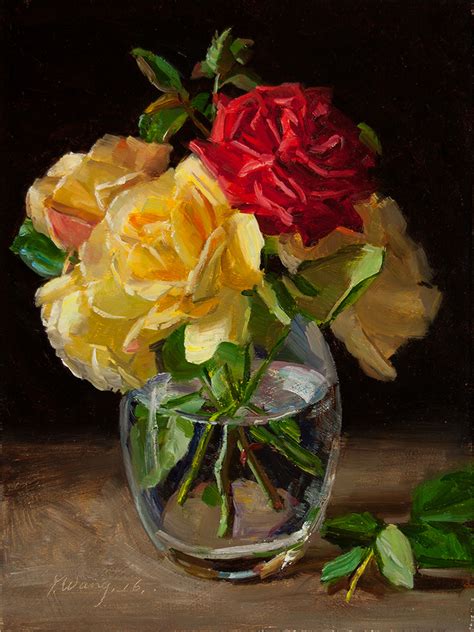 Wang Fine Art Rose Flower In A Glass Vase Still Life Painting Original Contemporary Daily