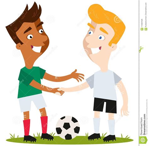 Two Friendly Cartoon Soccer Players Standing On Football Field With The