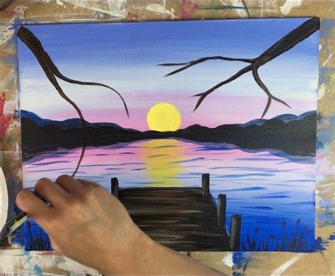 How To Paint A Sunset Lake Pier Lake Painting Painting Canvas