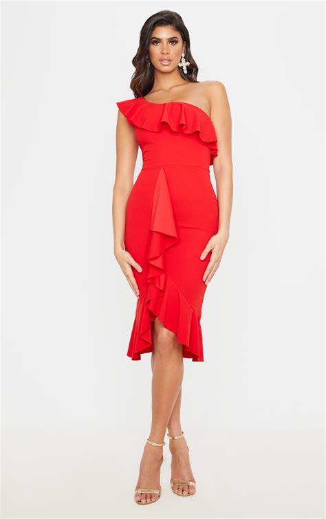 Red One Shoulder Ruffle Detail Midi Dress Prettylittlething Usa