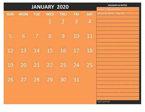 Printable January 2020 Calendar With Holidays Word