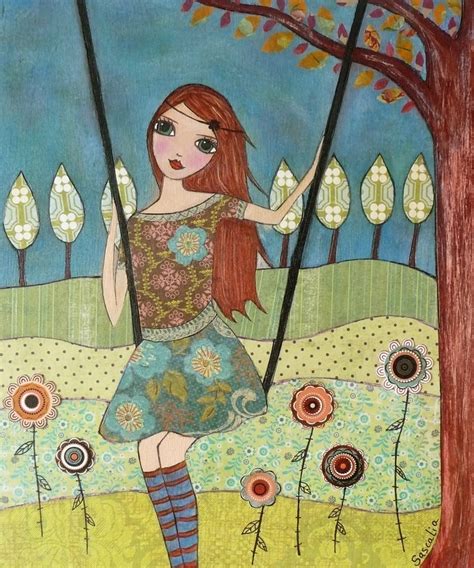 Folk Art Girl Painting Art Print On Wood Whimsical Art Painting Of